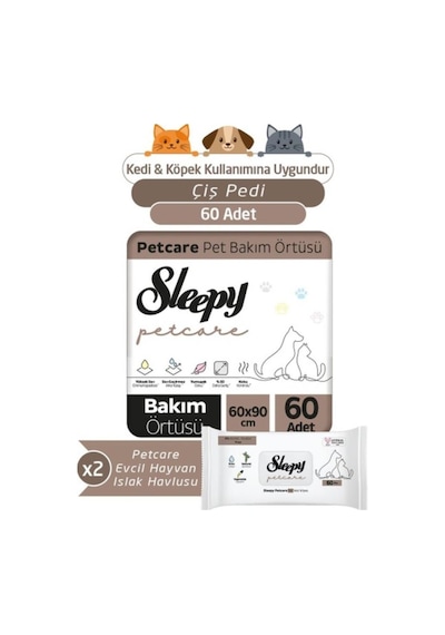 Sleepy Petcare 2x30 Adet Pet Bakım Örtüsü + 2x60 Evcil Hayvan Islak Havlusu