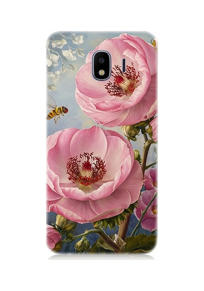 Samsung Galaxy J2 Pro Uyumlu Pembe Çiçek Ve Arı Desenli Silikon Kılıf Çok Renkli
