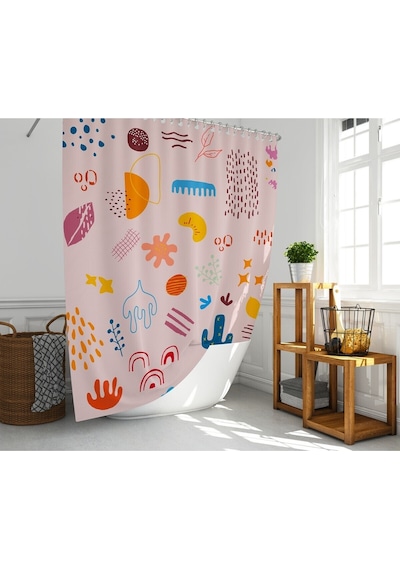 Banyo Duş Perdesi Sevimli Desen Pembe Dijital Baskılı Banyo Perdesi, Tek Kanat C Halkalı-180x200 Cm Pembe