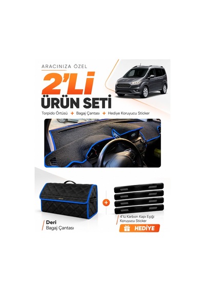 E-biz Ford Courier 2020-2023 Ekranlı Uyumlu Torpido Örtüsü + Deri Çanta - Siyah-mavi - Fo005