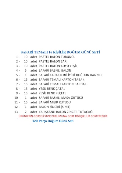 Safari Temalı 16 Kişilik Doğum Günü Seti