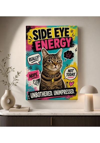 Bk Gift Side Eye Energy Yazılı Zincir Kolyeli Tekir Kedi Pop Art Renkli Kanvas Duvar Tablosu 50x70 Cm