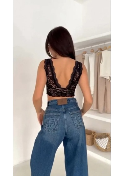 Efnaz Style Dantel Bralet Crop Sütyen V Yaka Askılı Şık Esnek Rahat - Siyah