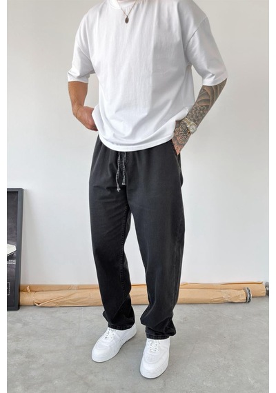Füme Beli Lastikli Baggy Pantolon