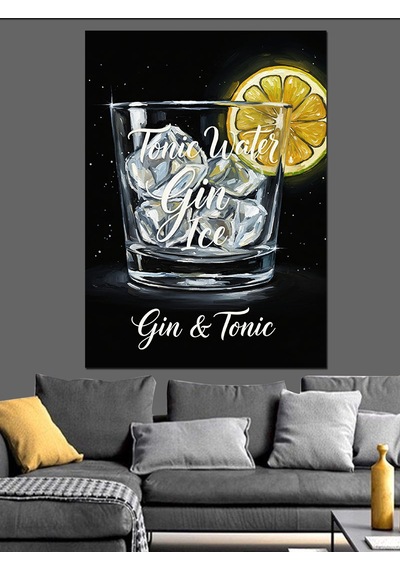 Ahşap Tablo Siyah Beyaz Cin Tonik Bardağı Sarı Limon Detaylı