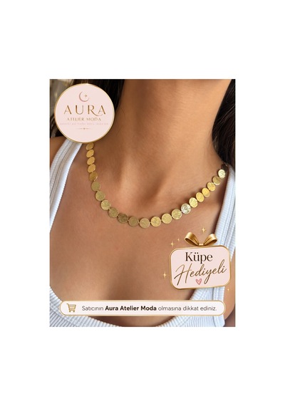 Hasır Dokulu Yuvarlak Pul Plakalı Choker 14 K Altın Kaplama Çelik Kolye