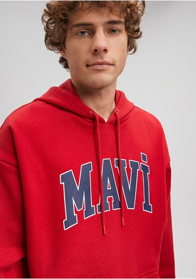 Erkek Mavi Logo Baskılı Kapüşonlu Sweatshirt-kırmızı Kırmızı