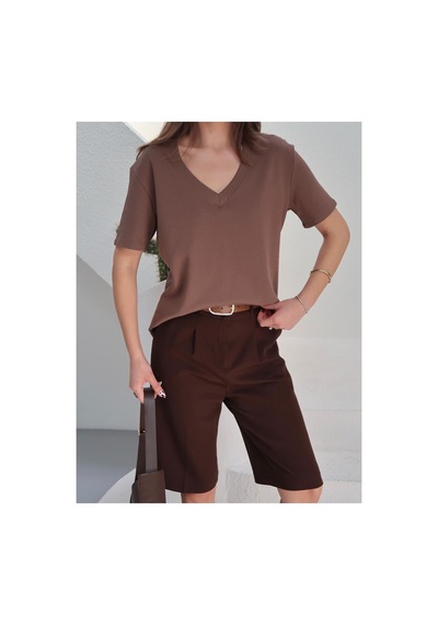 Paw Garage Kadın Massi İnterlok Kumaş V Yaka Oversize T-shirt Kahverengi