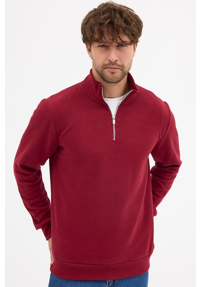 Mmetalic Erkek Bordo Standart Fit Normal Kesim Pamuklu Yarım Fermuarlı Dik Yaka Pamuklu Sweatshirt Bordo