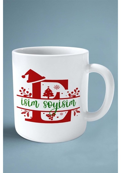 E Harfi Yeni Yıl Noel Yeniyıl İsimli Baskılı Kupa Bardak Çift Taraflı Kişiye Özel Model 6 Çok Renkli