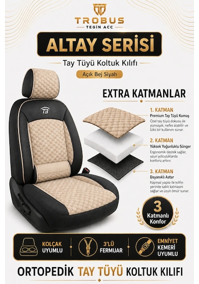 Peugeot 305 1977 1989 Uyumlu Altay Bel Destekli Tay Tüyü Oto Koltuk Kılıfı Bej Siyah