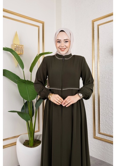 Nevayla Moda Yaka Ve Bel Nakış Detaylı Ferace - Haki / F0143 Haki