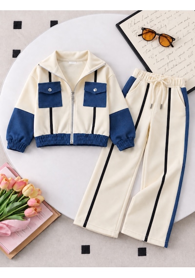 Kokoş Bebe Kot Garnili Şerit Detaylı Kız Çocuk 2 Li Eşofman Takım -5/12 Yaş - 31932 Krem