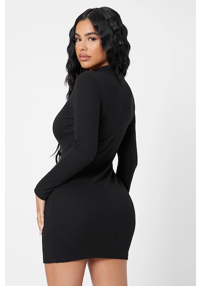 Moda Dua Kadın Siyah Kaşkorse Balıkçı Yaka Uzun Kollu Bodycon Mini Elbise