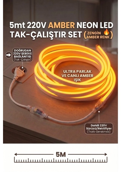 2 Metre Amber 220v Neon Led Şerit - Tak Çalıştır Set - Fişli Esnek Şerit Led,kerhribar ,turuncu Led,mutfak,tezgah Ledi