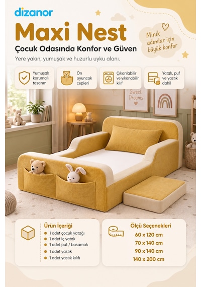 Dizanor Yeni Nesil Maxi Nest %100 Sünger Ve Yıkanabilir Fermuarlı Kumaşa Sahip Bebek, Çocuk Ve Genç Montessori Karyola Baza Ve Başlık Yatağı Seti - Sarı - Bej - 60 X 120 Dizanor Yeni Nesil Maxi Nest %100 Sünger Ve Yıkanabilir Fermuarlı Kumaşa Sahip Bebek, Çocuk Ve Genç Montessori Karyola Baza Ve Başlık Yatağı Seti - Sarı - Bej - 60 X 120