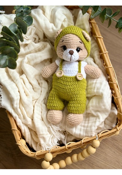 El Yapımı Amigurumi Ayıcık Oyuncak Tulumlu Sevimli Yeşil