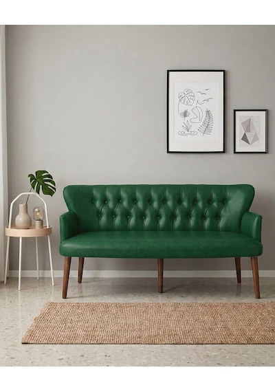 Roma Chester Deri Üçlü Koltuk 150 Cm Ofis Bekleme Koltuğu Ahşap Ayaklı - Yeşil