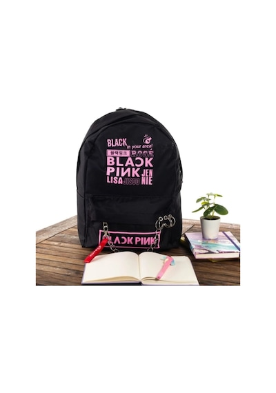 Shopiolog Black Pink Yazılı Logo Baskılı Zincirli Fermuarlı Piercingli Siya