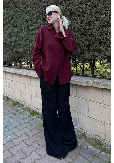 Madmext Bordo Muslin Kumaş Basic Kadın Gömlek Mg1660 Bordo