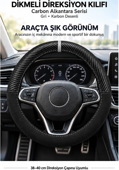 Trobus Dacia Spring 2021-2025 Uyumlu Dikmeli Direksiyon Kılıfı Carbon Alkantara Karbon Desenli Gri