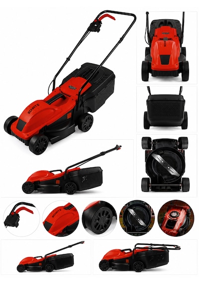 Schatz 1200w Elektrikli Bakır Sargılı Tekerlekli Çim Biçme Makinesi Kırmızı 30 Litre Toplama Torbalı
