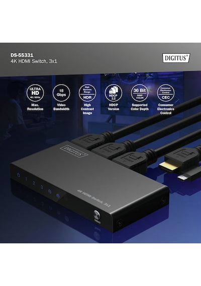 Digitus 3x1 Hdmı Switch, 4k/60hz Hdcp 2.2 Kumandalı Geçiş Kontrolü
