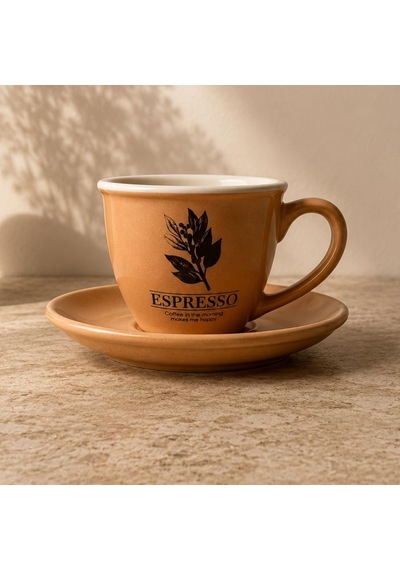 Art Porselen Espresso Fincan Takımı, 2'li Set, 90 Cc, Kahve Temalı Botanik Desenli Bej Diğer