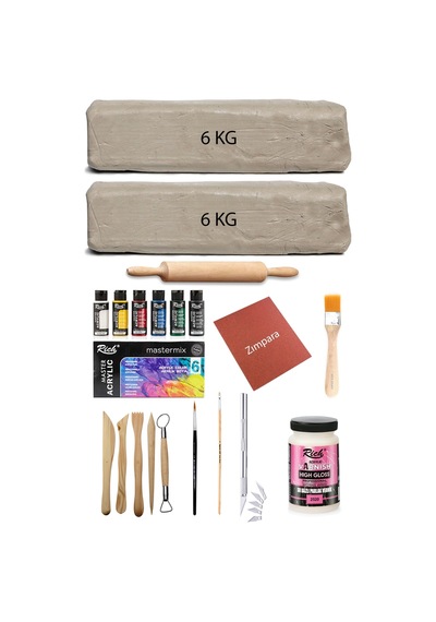 Beyaz Seramik Hamuru 12 Kg Kil Ebeşuar Set Mastermix Akrilik Set Parlak Vernik Ahşap Merdane Kretuar