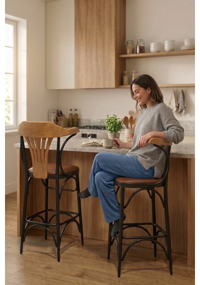 Wabex Serisi 1 Adet 66 Cm Suni Deri Kumaş Siyah Metal İskeletli Mutfak Bar Sandalyesi Taba Sandalye Siyah Ayak