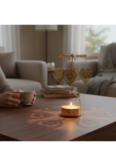 Dönen Işıklı Kalpli Metal Tealight Mumluk Love Tasarımlı Dekoratif Rüzgar Gülü Gold