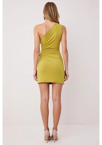 Benerly Kadın Asimetrik Yaka Tek Omuz Bodycon Mini Abiye Elbisesi Bel Det Yeşil