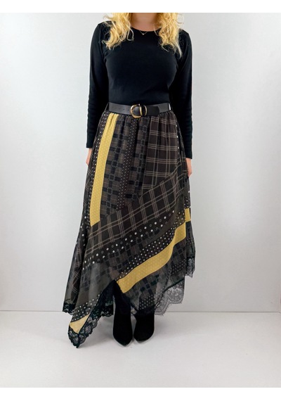 Modaonna Patchwork Desenli Kemerli Şifon Etek Çok Renkli