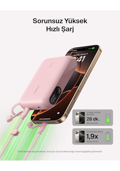 Belkin Bpb027hqpk Boostcharge 10.000 Mah 20w Usb-c Powerbank Dijital Göstergeli Taşınabilir Şarj Cihazı - Pembe Siyah