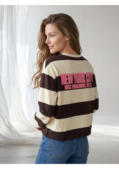 Nealirsanall.com Kadın Çizgili New York City Baskılı İnce Sweatshirt Kahverengi
