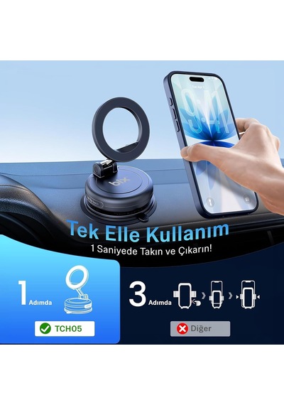 Tch05 360 Derece Dönebilen Vakumlu Manyetik Mıknatıslı Araç İçi Telefon Tutucu Siyah