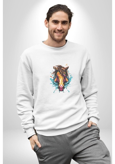 At Kafası Renkli Unisex Beyaz Baskılı Sweatshirt Beyaz
