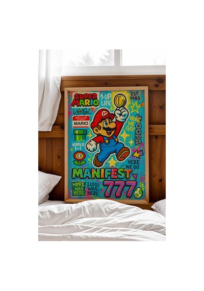 Super Mario Çerçeveli Tablo Manifest 777 Gamer Arkadaşa Hediye Street Art