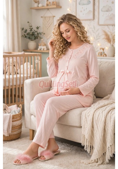 Lady Bebe Pembe Renkli, Dantel Detaylı 33209 Uzun Kol, 2 Parça Lohusa Hamile Pijama Takımı Açık Pembe