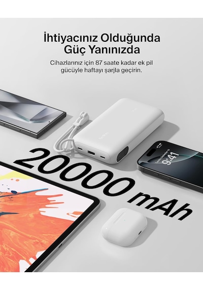 Belkin Boostcharge Power Bank 20000 Mah Display, Pd 20w Usb-c Kablolu Beyaz