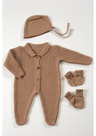 Tinylamb Premium Yenidoğan Bebek Triko Set 5 Parça Kahve - Premium Bebek Hediye Seti Kahverengi