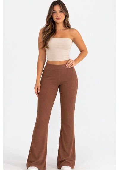 Ertaştrendstore Kadın Fitilli Kaşkorse İspanyol Paça Tayt Yüksek Bel Esnek Pantolon - Kahverengi Çok Renk