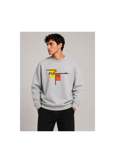 Herkesemoda Future Baskılı Bisiklet Yaka Şardonlu 2 İplik Sweatshirt Gri