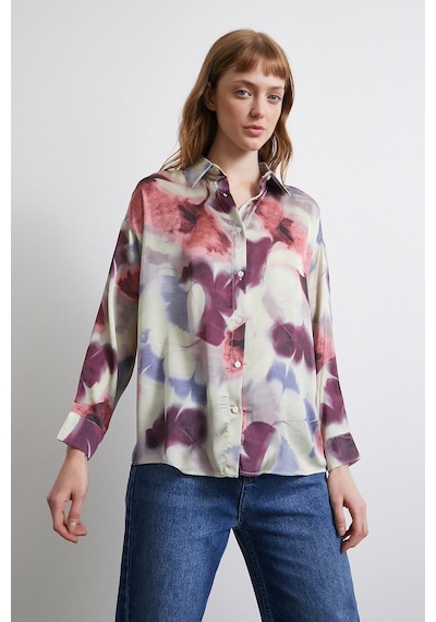 Never More Batik Desen Saten Gömlek Lila Lila