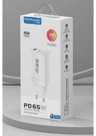 C99q 65w Pd Destekli Type-c Ve Usb Çift Çıkışlı Hızlı Şarj Adaptörü - Beyaz