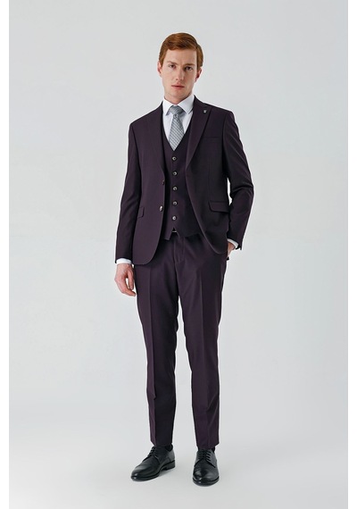 İmza Gabardin Kırlangıç Yaka Yelekli 6 Drop Slim Fit Klasik Takım Elbise 1001240187- Mürdüm İmza Gabardin Kırlangıç Yaka Yelekli 6 Drop Slim Fit Klasik Takım Elbise 1001240187- Mürdüm