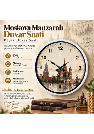 Almira Duvar Saati Moskova Manzaralı 36 X 36 Cm Beyaz Duvar Saati