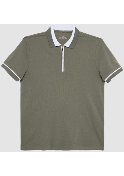 Tudors Erkek Slim Fit Dar Kesim %100 Pamuk Düz Pike Fermuarlı Haki Polo Yaka Tişört-31110-haki Haki
