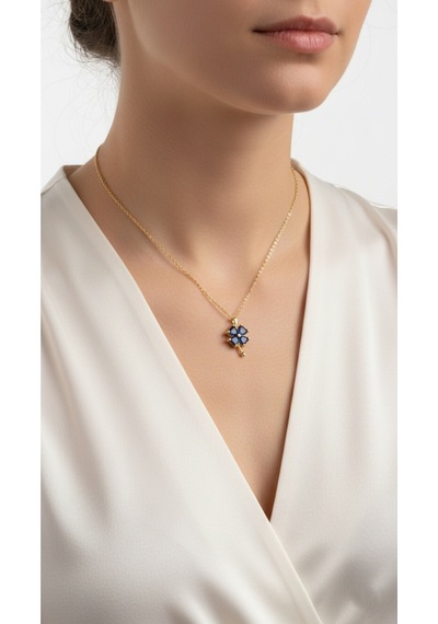Çekirdekjewelry 925 Ayar Gümüş Safir Taşlı Yonca Kolye Sarı