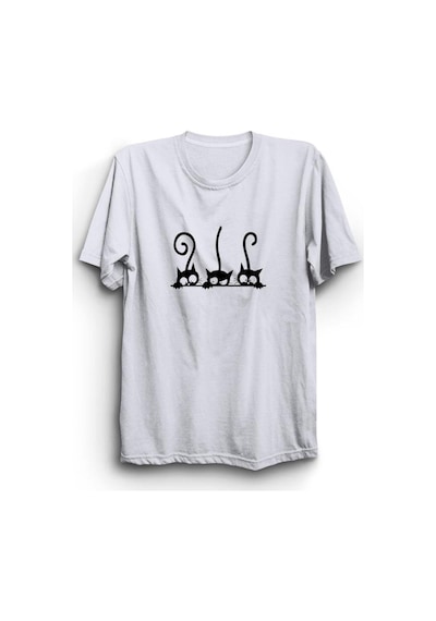 Kediler Ve Kuyruklar Baskılı Tshirt Beyaz